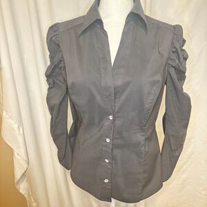 INC International Concepts Black Ruched Sleeve Button-Up Blouse Top